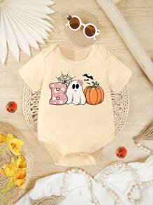Baby Girl Halloween Elements Spider Web, Bat, Pumpkin, Ghost, Polka Dot & Letter Print Cute Romper Bodysuit Fall Clothes