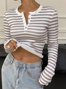 DAZY Áo thun bó sát giữ nhiệt kẻ sọc màu tương phản dành cho nữ - Xám - Xem 9