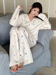DAZY Cute Heart Print Pajama Set - White - View 6