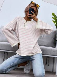 Chiquease Áo len kẻ sọc hồng tối giản, phong cách thường ngày cho ngày Valentine, áo len chui đầu mùa thu đông. - Màu Hồng baby - Xem 4