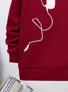 SHEIN Leap Crew Tween Boys' Casual & Comfy Headphone Pattern Loose Hooded Sweatshirt,In Fall/Winter - Burgundy - View 4