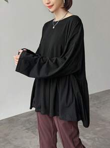 FRIFUL Women's Loose Oversized Hem T-Shirt,Ruffle,Fall Clothes - Black - View 2