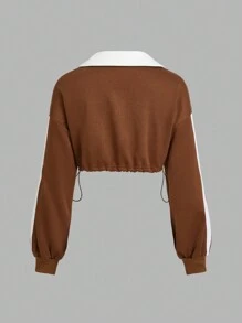 Innovista Women Brown Loose Fit Colorblock Cropped Sport Sweatshirts,Cropped Sweatshirts,Fall Sweatshirts,Going Out Tops,Workout Tops,Long Sleeves Sweatshirts,Colorblock Sweatshirts,Workout Women Tops,Fall Winter Women Outfit,Winter Women Clothes,Brown Long - Coffee Brown - View 5