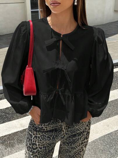 Muchica 女士纯色前系带长袖简约休闲衬衫、长袖上衣