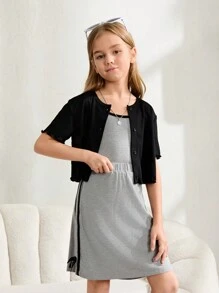 SHEIN 3pcs Tween Girls' Casual Fitted Splice Color Block T-Shirt, Camisole And Pants Set