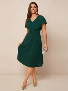 Amorya Vestido verde de largo medio con volantes en el dobladillo para dama - Verde Oscuro - Ver 4