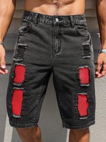 Manfinity LEGND Men's Button Waistband Distressed Design Casual Denim Shorts - Black - View 4