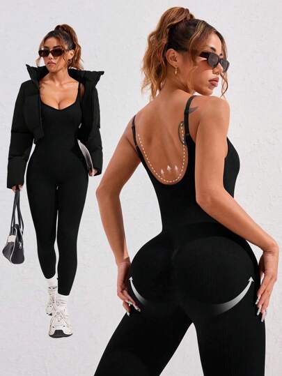 Easithlete Solid Color Backless Tight Jumpsuit Full