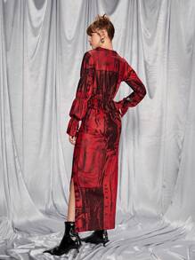 SHEIN 万圣节少女牛仔印花短款上衣和长裙套装，适合搭配单肩包、背包、斜挎包、棒球帽、渔夫帽、贝雷帽、踝靴、休闲鞋、玛丽珍鞋、太阳镜、耳机 - 紅色 - 查看 4