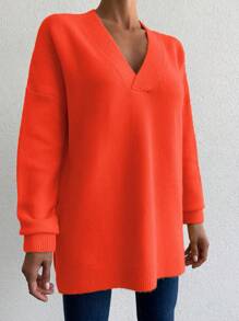 EURMUSE V Neck Drop Shoulder Sweater - Orange - View 5