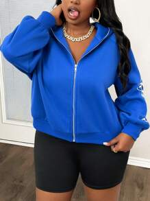 Slaydiva 大码休闲女式字母图案插肩袖拉链连帽运动衫夹克 - 藍色 - 查看 2