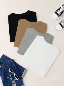 SHEIN LUNE 4pcs/Set Summer Casual Solid Color Crew Neck Short Sleeve T-Shirts - Multicolor - View 2