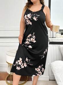 SHEIN Plus Size Mid-Length Nightgown With Plum Blossom Collar Lace Printed - Multicolor - View 4