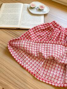 Blossori 2pcs/Set Young Girls French Elegant Red & White Plaid Woven Jacket And Skirt Suit Set, Autumn Winter - Pink - View 6
