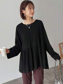 FRIFUL Women's Loose Oversized Hem T-Shirt,Ruffle,Fall Clothes - Black - View 4