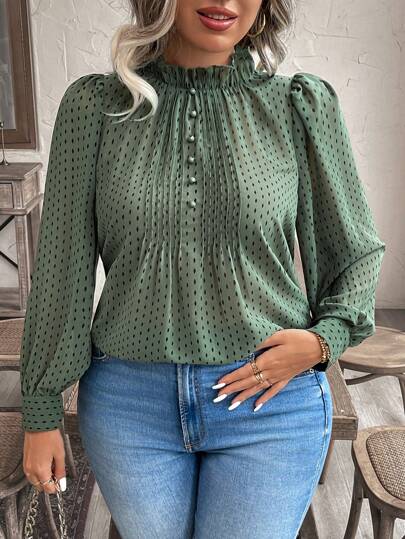 Weeklong Plus Size Women Polka Dot Print Frill Trim Stand Collar Long Sleeve Loose Blouse Fall Cloth For Women