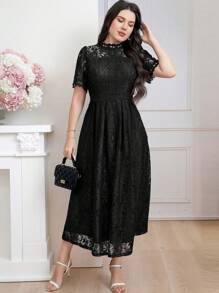 Modelyn 大码女式夏季立领蕾丝泡泡袖优雅连衣裙长款晚礼服 - 黑色 - 查看 5