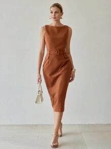 MOTF PREMIUM SOLID FLAP DETAIL BUCKLE BELTED MIDI DRESS