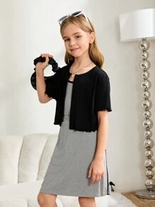SHEIN 3pcs Tween Girls' Casual Fitted Splice Color Block T-Shirt, Camisole And Pants Set