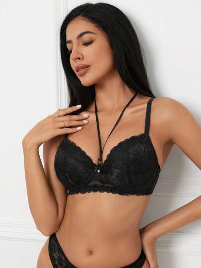 1 pieza Sujetador lencero con encaje, escote halter y aros para mujer