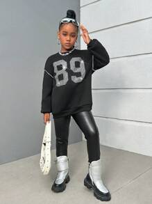 SHEIN Tween Girls Casual Party Rhinestone Embellished Crewneck Thermal Lined Sweatshirt - Black - View 4