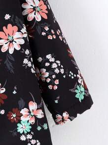 SHEIN Vintaside Kids 年轻女孩碎花连帽厚衬中长外套，秋冬 - 黑色 - 查看 3