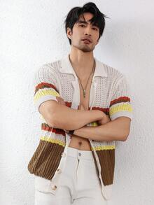 Manfinity Homme 男式前扣短袖条纹拼布休闲针织上衣 - 白色 - 查看 6