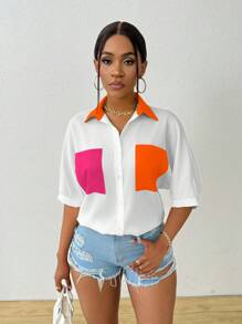 SHEIN LUNE Women's Summer Colorblock Pocket Short Sleeve Loose Casual Shirt,Short Sleeve Tops - Multicolor - View 6