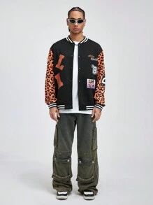 ROMWE MEN Street Life 秋冬季男士宽松豹纹字母休闲棒球夹克 - 黑色 - 查看 2