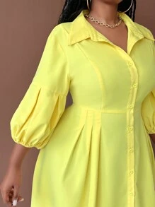 Maweii Đầm Maxi Dài Tay Xếp Ly Cổ Áo Sơ Mi Màu Trơn Cỡ Lớn Cài Nút Phía Trước Trang Phục Thường Ngày Cho Nữ - Màu vàng - Xem 8