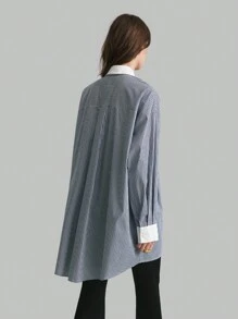 Ontre 蓝色条纹拼布超大长款休闲工作衬衫宽松衬衫 - 彩色 - 查看 2