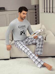 Men's Statement Gamepad Print Crew Neck Loungewear Set With Plaid Pants - Grey - View 5