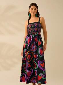 CAJUNI Women's Colorful Heart Print, Boho Print Halter Big Swing Long Dress, Holiday Casual Beach Summer Black Dress - Multicolor - View 8