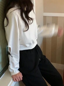 DAZY Women's Solid Color Crew Neck Short Hollow Out Bowknot Decor Sweatshirt,Fall Clothes