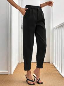 Xyvia Women's Elegant Solid Color Pleated Detail Regular Suit Pants, Autumn - Black - View 5