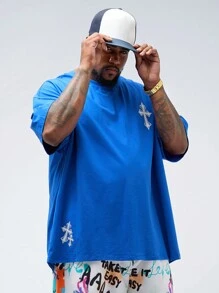 Manfinity VCAY Plus Size Men Casual Loose Cross Print Short Sleeve T-Shirt, Summer - Blue - View 1