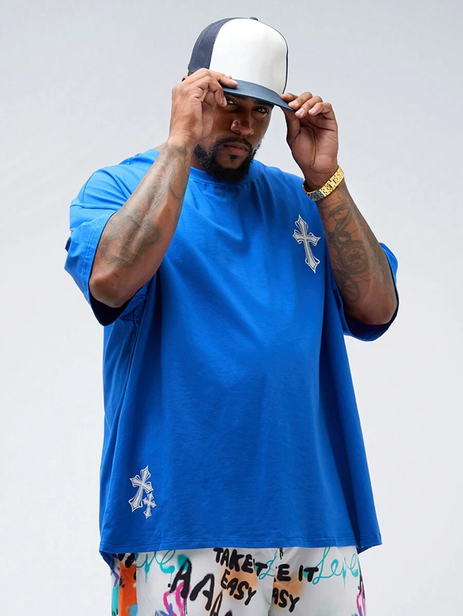 Manfinity VCAY Plus Size Men Casual Loose Cross Print Short Sleeve T-Shirt, Summer - Blue - View 1