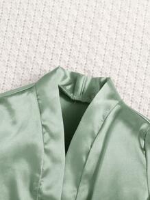 SHEIN 新生女孩柔软纯色缎面长袍带领带 - 薄荷綠 - 查看 5