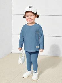 SHEIN Baby Girl Cute Knitted Letter Print Long Sleeve Top And Elastic Waist Pants Set - Blue - View 7