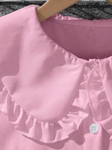 Teen Girls  Solid Color Ruffle Collar Long Sleeve Cute Blouse, Spring/Summer - Pink - View 3