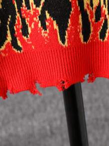 青少年男孩时尚破洞针织毛衣，配赛车格纹火焰印花圆领套头衫 - 黑色 - 查看 3