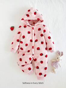 Cozy Pixies 女婴草莓图案羊毛连帽连体衣配长裤