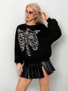 SHEIN ICON Casual Skeleton Print Long Sleeve Crew Neck Sweatshirt - Black - View 6