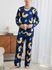 男士全印花圆领长袖上衣和长裤休闲家居服套装 - 彩色 - 查看 3