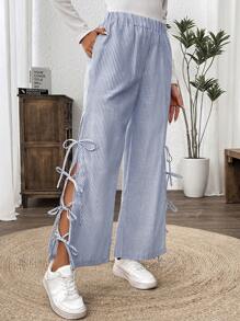 SHEIN LUNE Women's Casual Regular Striped Basic Daily Lace-Up Slit Leg Pants - Blue and White - View 5