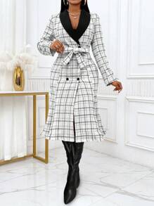 Zolique Slayr 女式双排扣腰带长款撞色鱼尾下摆优雅粗花呢冬季外套 - 黑與白 - 查看 4