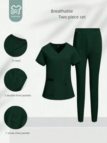 TaskEZ Conjunto de uniforme de scrubs de unicolor con top de manga corta y pantalones - Verde Oscuro - Ver 2