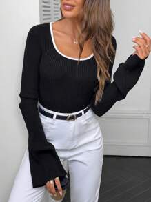 Chiquease Women's Autumn/Winter Ribbed Scoop Neck Long Sleeve Casual Pullover Sweater, Knit Pullover Fall - Black - View 1