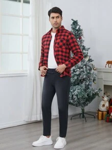 2 piezas Camisa casual con cuello a cuadros y pantalones largos de mezclilla, conjunto de padre e hijo