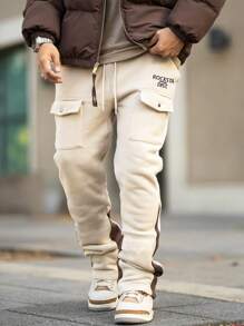 Manfinity Homme 男士字母印花抽绳腰部工装口袋直筒休闲运动裤，外出堆叠长款街头运动裤，适合丈夫、男友礼物，适合狂欢 - 杏色 - 查看 3